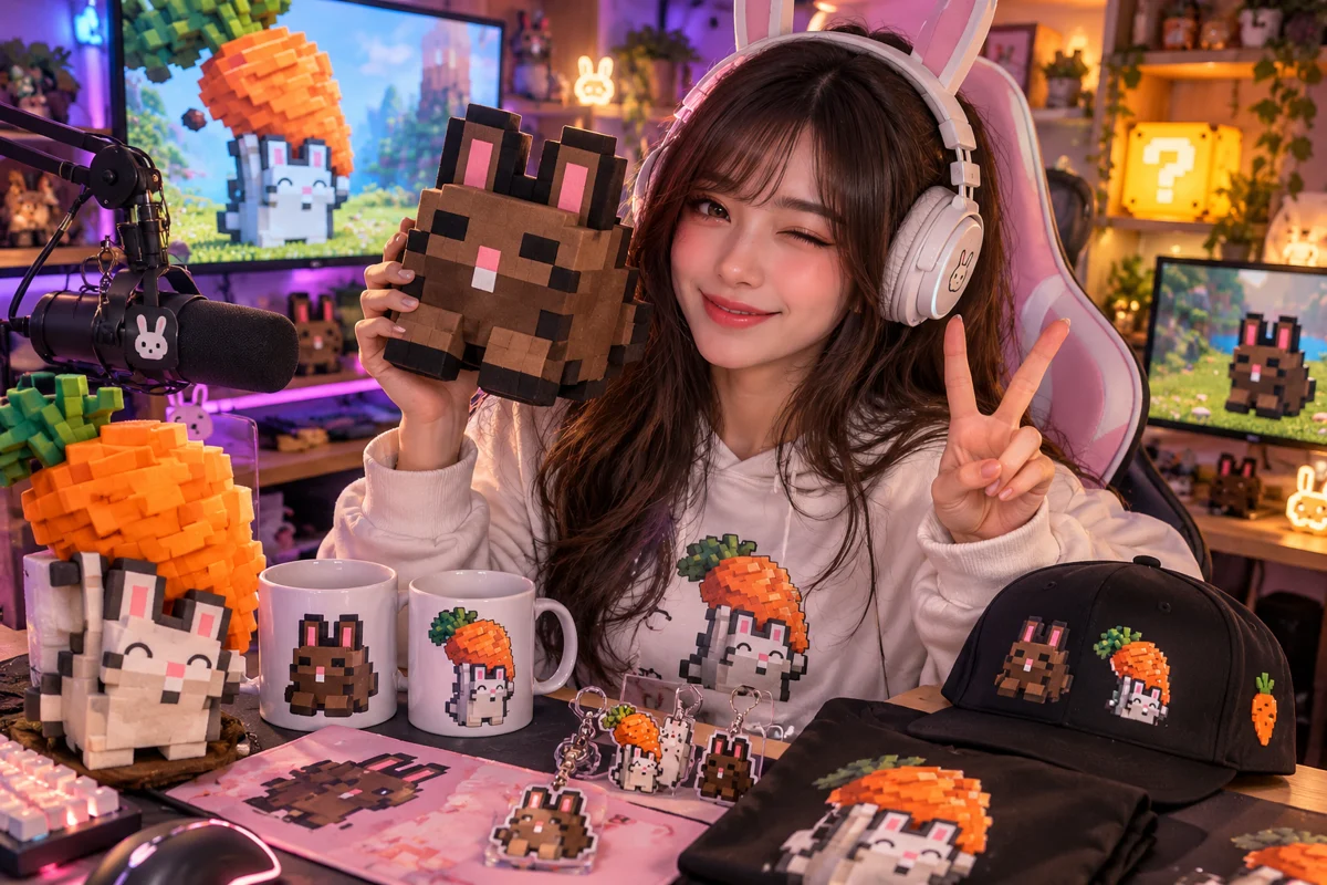 A streamer shows off Rabbit Royale merch: plush, hoodie, mugs, cap, keychains and mouse pad